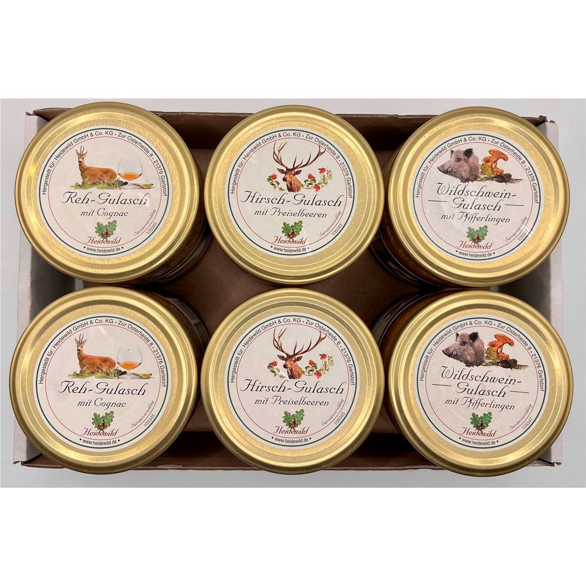 6er Mix-Tray Gulasch (2 Gläser Hirsch-Gulasch, 2 Gläser Wildschwein-G ...